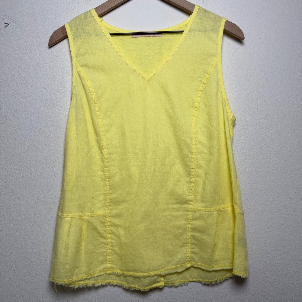 XCVI Wearables Women Linen Cotton Tank Top Small Yellow V-Neck Raw Hem Lagenlook